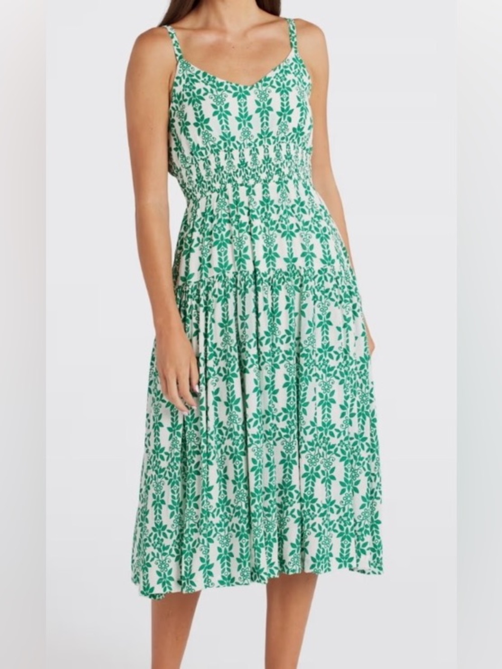 NWT Skies Are Blue Mathilde Floral Midi  Pockets Dress Green White Floral Large